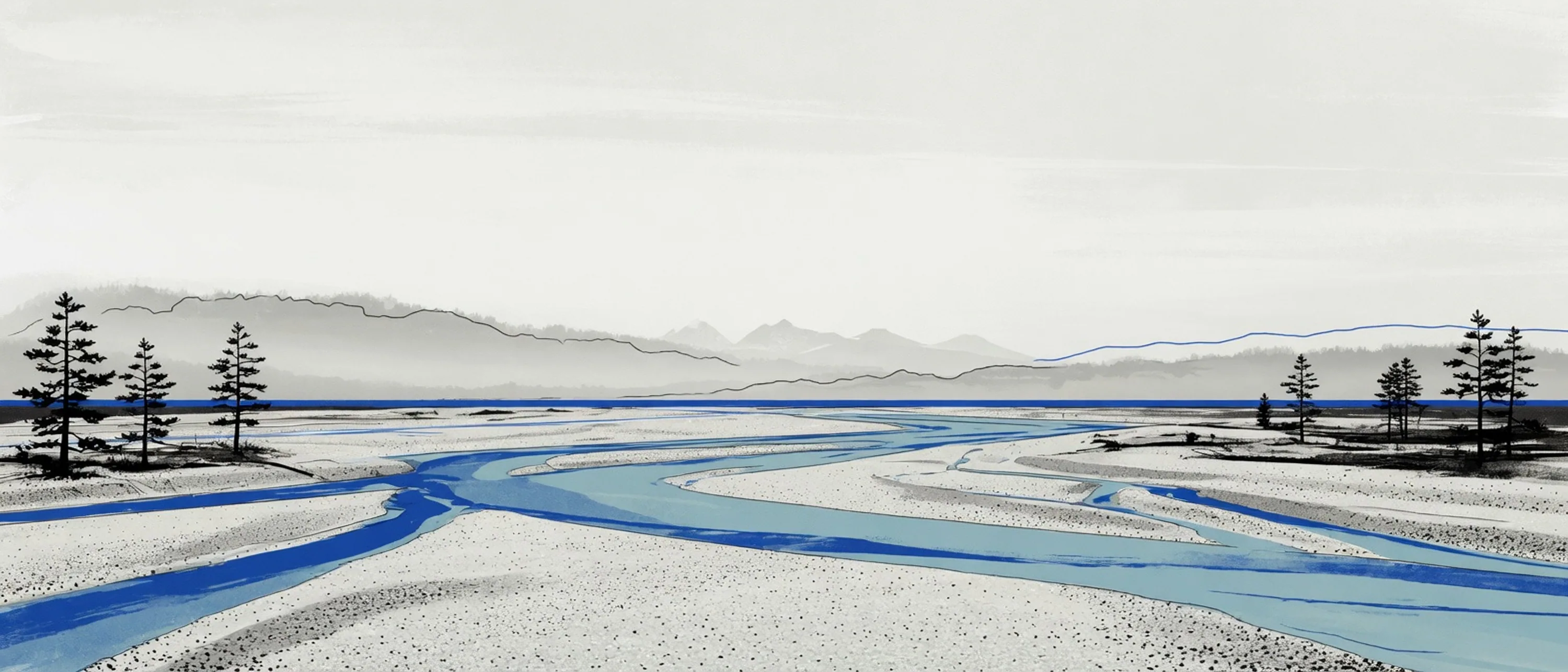 Illustration einer breiten, flachen Flusslandschaft mit Kiesbänken und Bergen am Horizont, im Stil der Isar