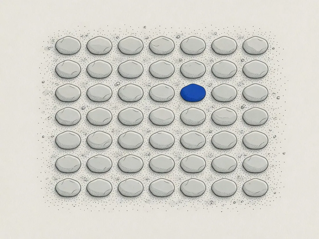 Illustration: Flusssteine in einem Raster auf Kies, einer davon blau