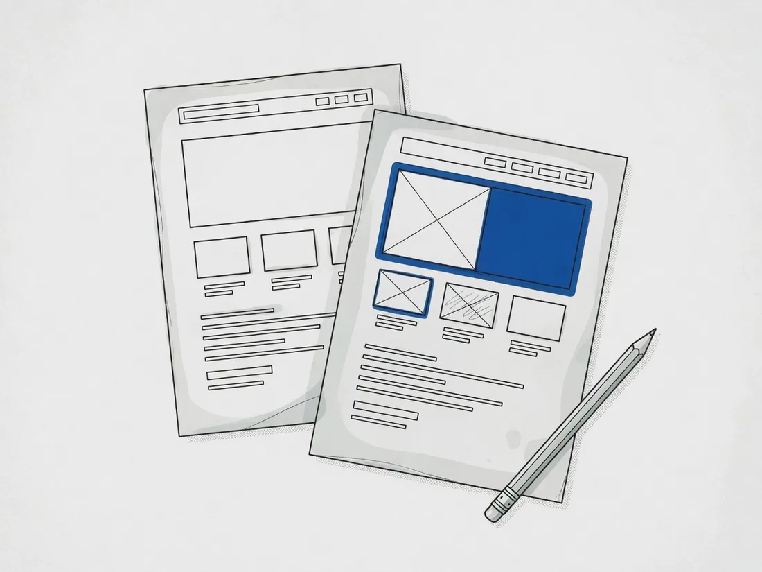 Illustration: zwei Papierbögen mit Website-Wireframes in Tusche, ein Feld blau gefüllt