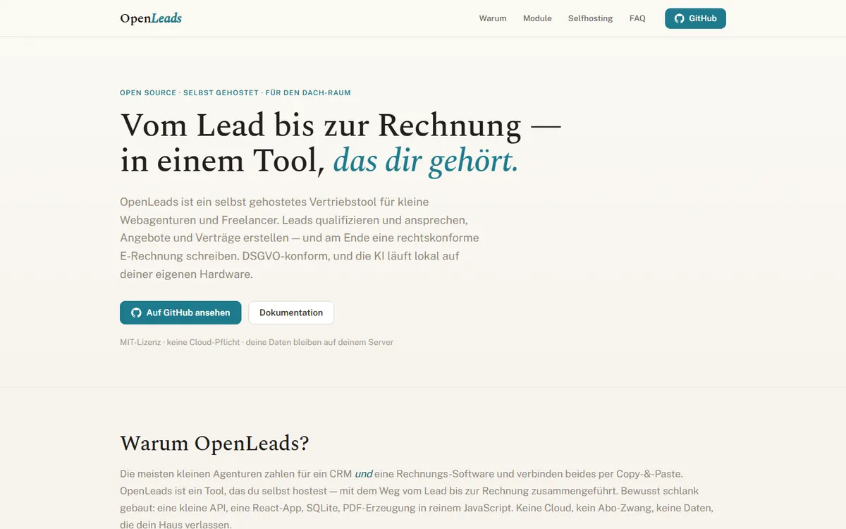 Screenshot der Website OpenLeads