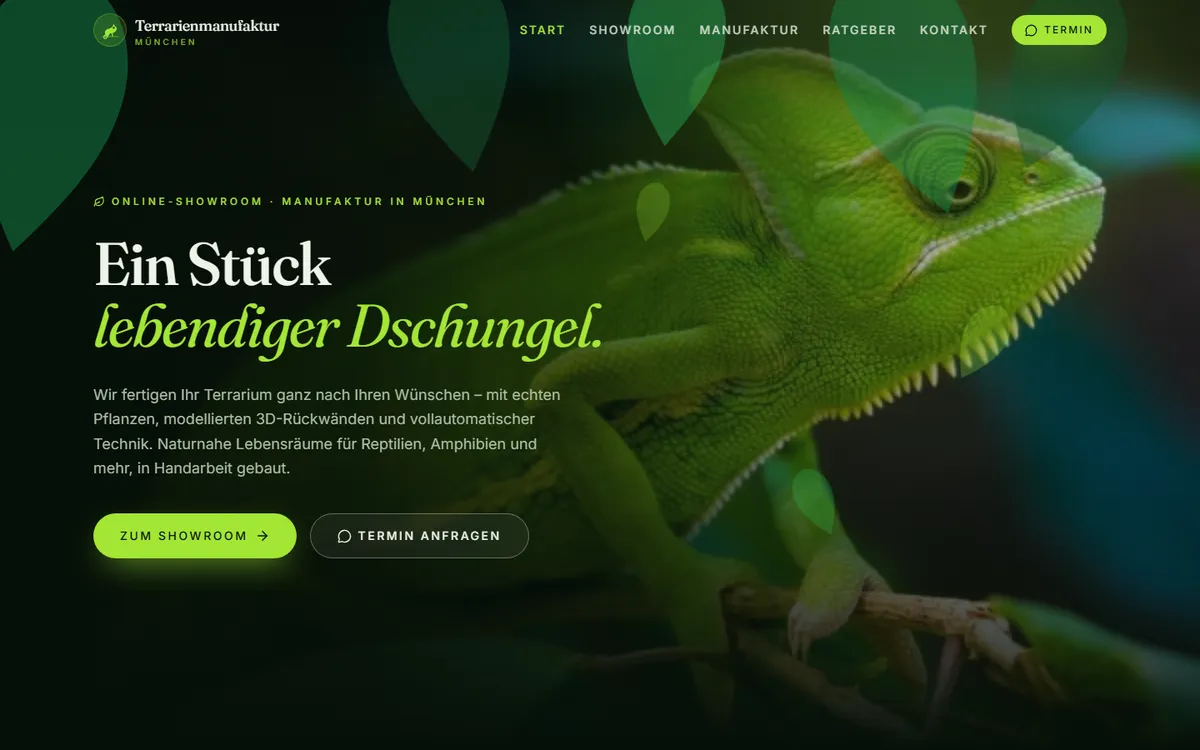 Screenshot der Website Terrarienmanufaktur München